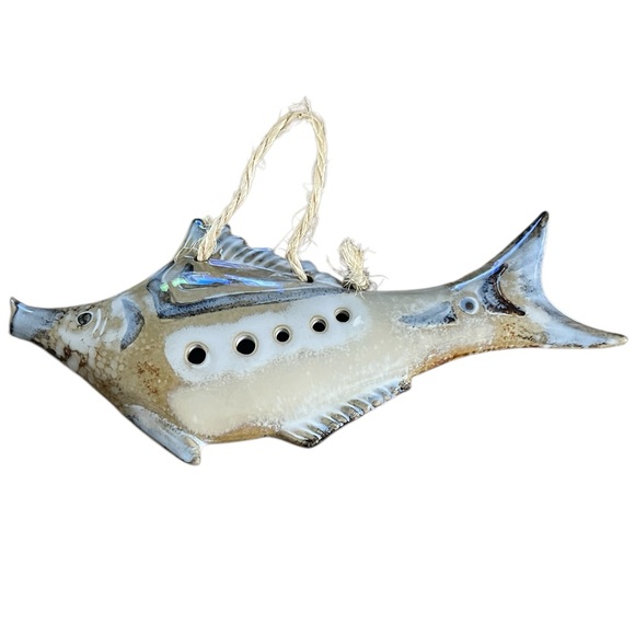 Ceramic Studio Pottery Art - Fish Wall Hanging - Brown Tan Blue - Coastal- Beach - Picture 6 of 6